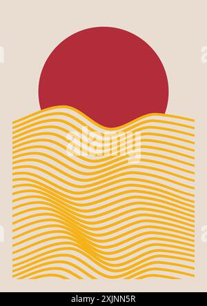 Sommer-Illustration Poster Sonne und Meereswellen. Wunderschöner Sonnenaufgang oder Sonnenuntergang im Meer. Farbenfroher abstrakter Hintergrund für Banner, Grußkarte. Moderner Stil Stock Vektor