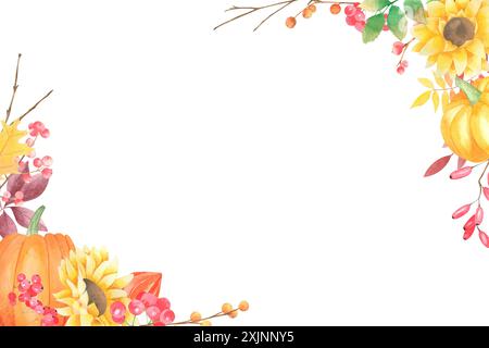 Aquarell handgezeichnete Herbstrahmen mit Kürbissen, Sonnenblumen, Beeren, Zweigen auf weißem Hintergrund. Dekoration an Thanksgiving. Erntetag. Sturz Stockfoto