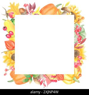 Aquarellrahmen im Herbst mit Kürbissen, Sonnenblumen, roten Beeren, Eichel, Ast, Eichenblätter. Quadratische Vorlage für Thanksgiving-Karten, Grußkarten, scr Stockfoto