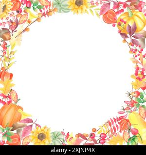 Aquarell handgezeichneter Herbstrahmen mit Kürbissen, Sonnenblumen, gefallenen Blättern, Beeren, Zweigen auf weißem Hintergrund. Thanksgiving-Dekoration für gre Stockfoto