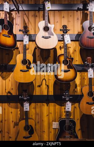 Wand aus Akustikgitarren zum Verkauf im Guitar Center Stockfoto