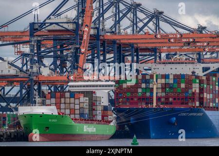 Euromax Container Terminal, BG Green Container Feedership, Containerfrachter Cosco Shipping Universe, Be- und Entladung, Seehafen Rotterda Stockfoto