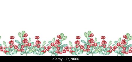 Cranberry nahtlose Borte Aquarell Clipart mit einem zarten Arrangement aus roten Preiselbeeren und grünem Laub. Geeignet für Herbstmotive, Geschenkpapier oder Branding von Bio-Produkten Stockfoto