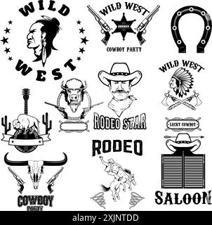 Wild West Embleme Set. amerikanische Ureinwohner. Limousine. Country-Musik. Cowboyparty. Vektorabbildung. Stock Vektor