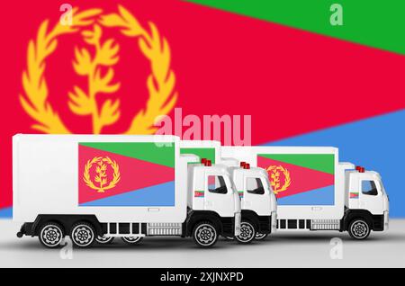 Eritrea-Flagge auf der Seitenwand des weißen Lieferwagens in Nahaufnahme dargestellt. Versandkonzept und lokales Lieferkonzept Stockfoto