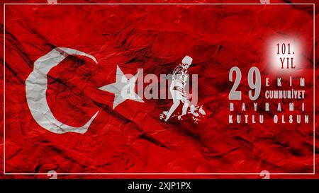 29 Ekim Cumhuriyet Bayrami kutlu olsun oder glückliches 101. Jubiläum des 29. oktober republikanischen Tages der Türkei. Türkische Flagge und Atatürk. Stockfoto