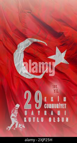 29 Ekim Cumhuriyet Bayrami kutlu olsun oder glückliches 101. Jubiläum des 29. oktober republikanischen Tages der Türkei. Vertikale türkische Flagge und Atatürk. Stockfoto