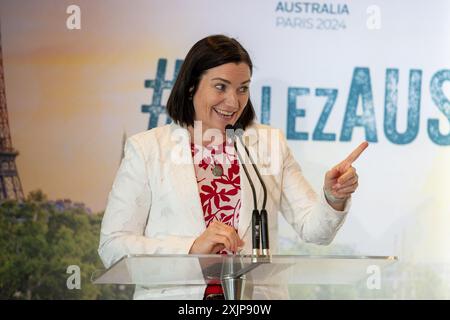 Chefkoch de Misson Anna Meares spricht bei der Ankündigung der australischen olympiateam für Paris. Bild: Thomas Lisson Stockfoto