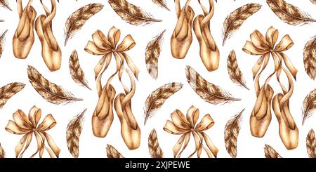 Braune Ballettschuhe für Damen mit Bändern, Schleife und Federmuster, Aquarellillustration. Pastellbeige spitzenschuhe, Tänzerin-Attribut, isoliert von Stockfoto