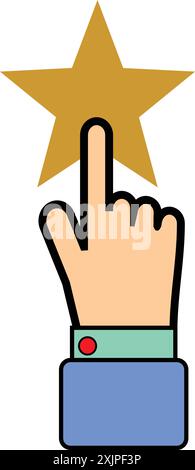 Hand zeigt auf einen Stern. Vektorillustration auf weißem Hintergrund. Stock Vektor