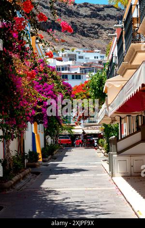 Wunderschöne Straße mit bunten Blumen an einem Sommertag auf den Kanarischen Inseln. Reise- und Tourismuskonzept Stockfoto