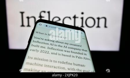Stuttgart, Deutschland, 07.06.2023: Smartphone mit Website des US-amerikanischen Unternehmens Inflection AI Inc. Auf dem Bildschirm vor dem Logo. Konzentrieren Sie sich auf Stockfoto