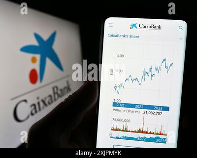 Stuttgart, Deutschland, 07-30-2023: Person, die ein Mobiltelefon hält, mit Website der spanischen Finanzgesellschaft CaixaBank S.A. vor dem Logo auf dem Bildschirm. Fokus Stockfoto