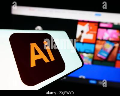 Stuttgart, 23.09.2023: Smartphone mit Logo des Vektorgrafik-Editors Adobe Illustrator auf dem Bildschirm vor der Website des Unternehmens. Konzentrieren Sie sich auf Stockfoto