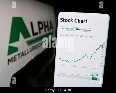 Stuttgart, Deutschland, 02.08.2024: Person, die ein Smartphone hält, mit Website des US-Bergbauunternehmens Alpha Metallurgical Resources Inc. Vor dem Logo. Stockfoto