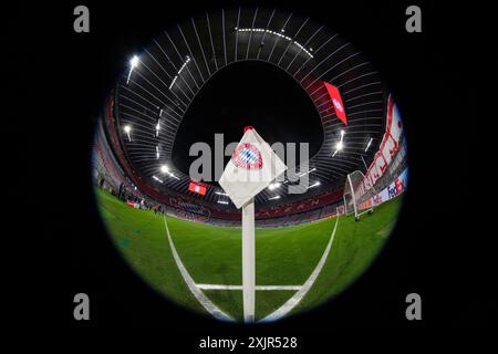 Innenraum des Stadions, Übersicht, Eckfahne, Logo, Anzeigetafel, Fisheye Shot, Champions League, Allianz Arena, München, Bayern, Deutschland Stockfoto