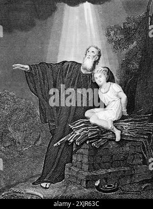 Abraham opfert seinen gebundenen Sohn Isaak, Opferaltar, Gottesfurcht, Lichtstrahlen vom Himmel, 1. Buch Mose, Kapitel 12, Altes Testament Stockfoto