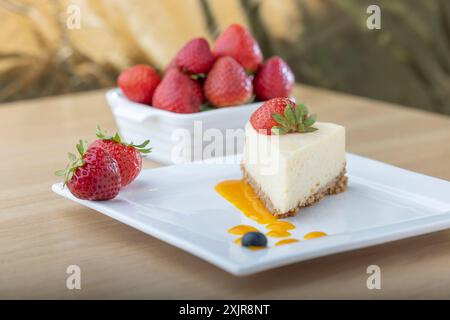 Eine Scheibe cremiger Käsekuchen mit einer frischen Erdbeere, serviert auf einem weißen Teller mit einem Hauch Fruchtsauce. Eine Schüssel mit frischen Erdbeeren Stockfoto