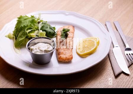 Ein wunderschön überzogenes gegrilltes Lachsfilet garniert mit Petersilie, serviert mit einer Beilage von frischem grünem Salat und einem Zitronenkeil Stockfoto