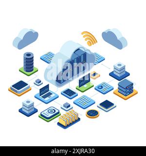 Isometrische Cloud-Computing-Technologie mit Datennetzwerk. Cloud-Computing und Cloud-basiertes Lösungskonzept Stock Vektor