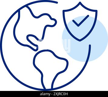 Globale Sicherheit, verifizierter Zugriff. Masse, Abschirmung und Häkchen. Pixelperfektes, bearbeitbares Konturvektorsymbol Stock Vektor