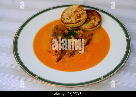 Pfifferling Goulash oder Eierschwammerlgulasch mit gebratenen Brotklößen Stockfoto