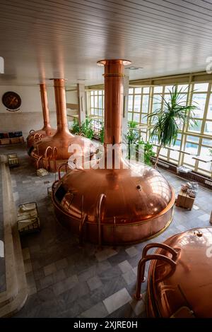 Ceske Budejovice - 13. Juli 2024: Budweiser Budvar Brew House Interior mit Kupferwürzpfannen oder Braukesseln für die Bierherstellung. Stockfoto