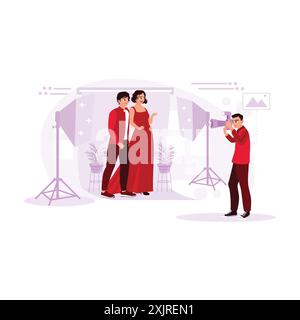 Junger Fotograf, der ein Paar in einem Fotostudio fotografiert. Trend Moderne Vektor-flache Illustration. Stock Vektor