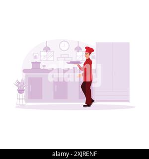 Kochgericht. Professionelle Köche stehen in der Küche bereit, um das Essen glücklich zu kochen und zu servieren. Trend Moderne Vektor-flache Illustration. Stock Vektor