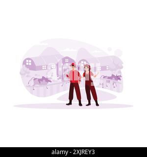 Glückliches junges Paar, Manager der Viehzucht. Hintergrund mehrerer Gebäude als Kuhstall und viele Kühe, die herumlaufen. Trend Moderne Vektor flach illustr Stock Vektor