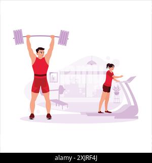 Der Gewichtheber hebt Gewichte souverän an, und eine Frau arbeitet auf einem Laufband. Trend Moderne Vektor-flache Illustration. Stock Vektor