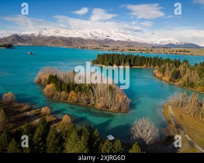 Twizel, Neuseeland: Luftaufnahme des Lake Ruataniwha in der Region Mt Cook in den südlichen alpen auf der Südinsel Neuseelands. Stockfoto