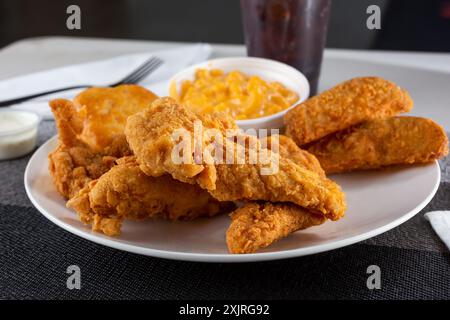 Blick auf einen Teller panierter Hähnchenbrötchen mit Kartoffelscheiben und Makkaroni- und Käseseiten. Stockfoto