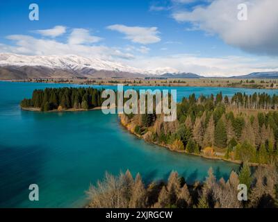 Twizel, Neuseeland: Luftaufnahme des Lake Ruataniwha in der Region Mt Cook in den südlichen alpen auf der Südinsel Neuseelands. Stockfoto