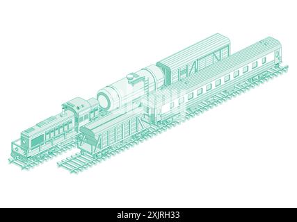 Isometrische Zugmaschine. Lokomotive mit Eisenbahnkesselwagen, Personenzugwagen, Trichterwagen und Güterzugwagen. Vektorabbildung. Eisenbahn. Stock Vektor