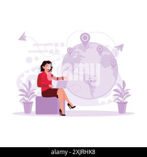 Die junge Frau sitzt auf einem kleinen Sofa mit einem Laptop auf dem Schoß und sieht ein futuristisches Raster und ein Planeten-Hologramm durch einen Laptop mit einem schnellen Int. an Stock Vektor