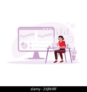 Die weibliche Mitarbeiterin arbeitet mit ihrem Laptop in einem geschäftigen Büro und analysiert Daten, Diagramme und Diagramme. Trend Moderne Vektor-flache Illustration. Stock Vektor