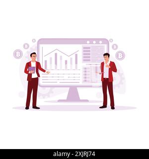 Zwei Geschäftsleute sehen sich ein Diagramm mit Kryptoinvestitionen an der Börse an. Analysieren und erforschen Sie das Wachstum mithilfe von Computern und Tablets. Trend M Stock Vektor