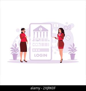 Zwei junge Frauen sahen sich eine mobile Banking-Anwendung auf ihrem Smartphone an und machten Online-Transaktionen. Trend moderner Vektor-fla Stock Vektor