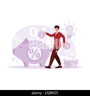 Der junge Mann steckte Münzen in eine große Schweinebank. Konzept der Kosteneinsparung. Trend Moderne Vektor-flache Illustration. Stock Vektor