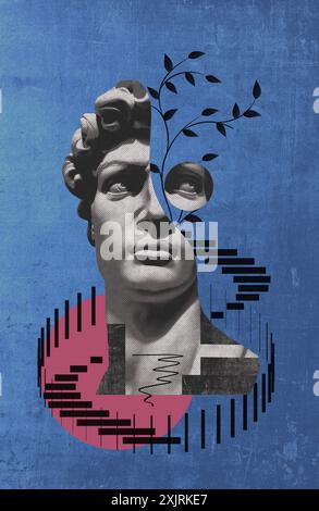 Collage mit antiken Skulpturen als menschliches Gesicht im Pop-Art-Stil. Modernes kreatives Konzept mit antikem Statuenkopf. Poster mit zeitgenössischer Kunst. Desigment Stockfoto