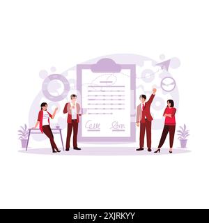 Eine Gruppe von Teamkollegen hat Spaß und feiert erfolgreiche Vertragsunterzeichnung im Büro. Trend Moderne Vektor-flache Illustration. Stock Vektor