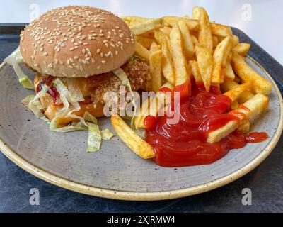 Mittagessen in einer Kantine / Betriebsrestaurant. Hamburger, Chickenburger mit Pommes Frites. // 20.07.2024 *** Mittagessen in einer Kantine Firmenrestaurant Hamburger, Chicken Burger mit Pommes frites 20 07 2024 Stockfoto