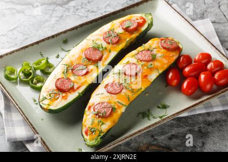 Sommer-Vorspeise mit Zucchini gefüllt und gebacken mit Cheddar und Mozzarella Käse, Würstchen und Tomatensauce in Nahaufnahme auf einem Teller auf dem Tisch. Horizont Stockfoto