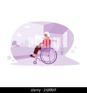Porträt einer älteren Frau in Brille, die im Rollstuhl sitzt, aus dem Fenster blickt und glücklich mit positiver Aura lächelt. Trend Moderne Vektorfl Stock Vektor