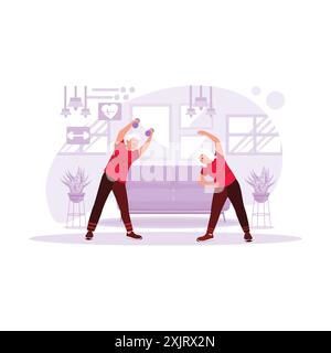 Porträt eines Seniorenpaares, das gemeinsam in der Lounge trainiert. Trend Moderne Vektor-flache Illustration. Stock Vektor