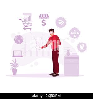 Geschäftsmann mit intelligentem Einzelhandelskonzept über Smartphone, Online-Shopping-Zugang, Marketing, Infografiken und Smart-Retail-Technologie-Symbol. Trend Modern Stock Vektor