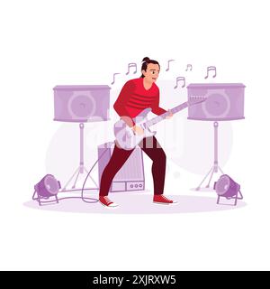 Professionelle E-Gitarrenspieler sehen auf der Bühne atemberaubend aus. Trend Moderne Vektor-flache Illustration. Stock Vektor
