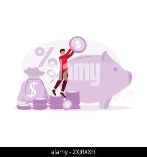 Der junge Mann steht auf einem Stapel Münzen und legt Münzen in eine riesige Schweinebank. Konzept der Kosteneinsparung. Trend Moderne Vektor-flache Illustration. Stock Vektor