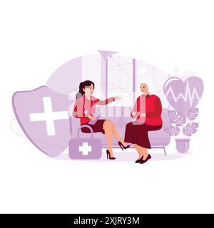 Die Ärztin untersucht, erklärt und berät gesundheitliche Probleme bei einer älteren Patientin. Trend Moderne Vektor-flache Illustration. Stock Vektor